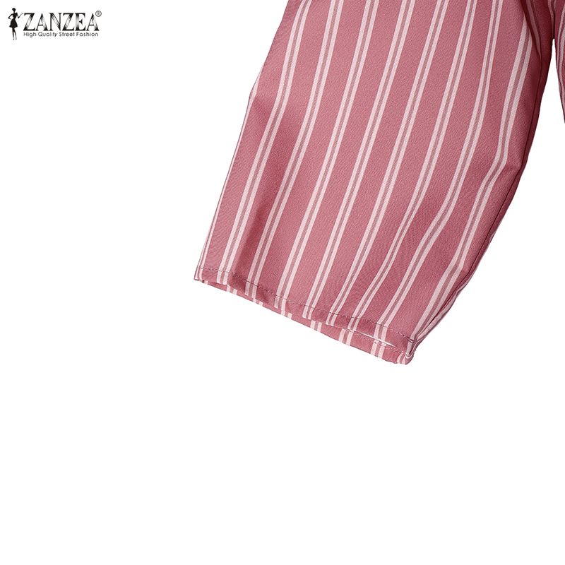 ZANZEA Women Casual Round Neck 3/4 Sleeve Stripe Loose Dress