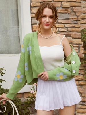 2022 Autumn/Winter Floral Knit V-Neck Cardigan Sweater for Women