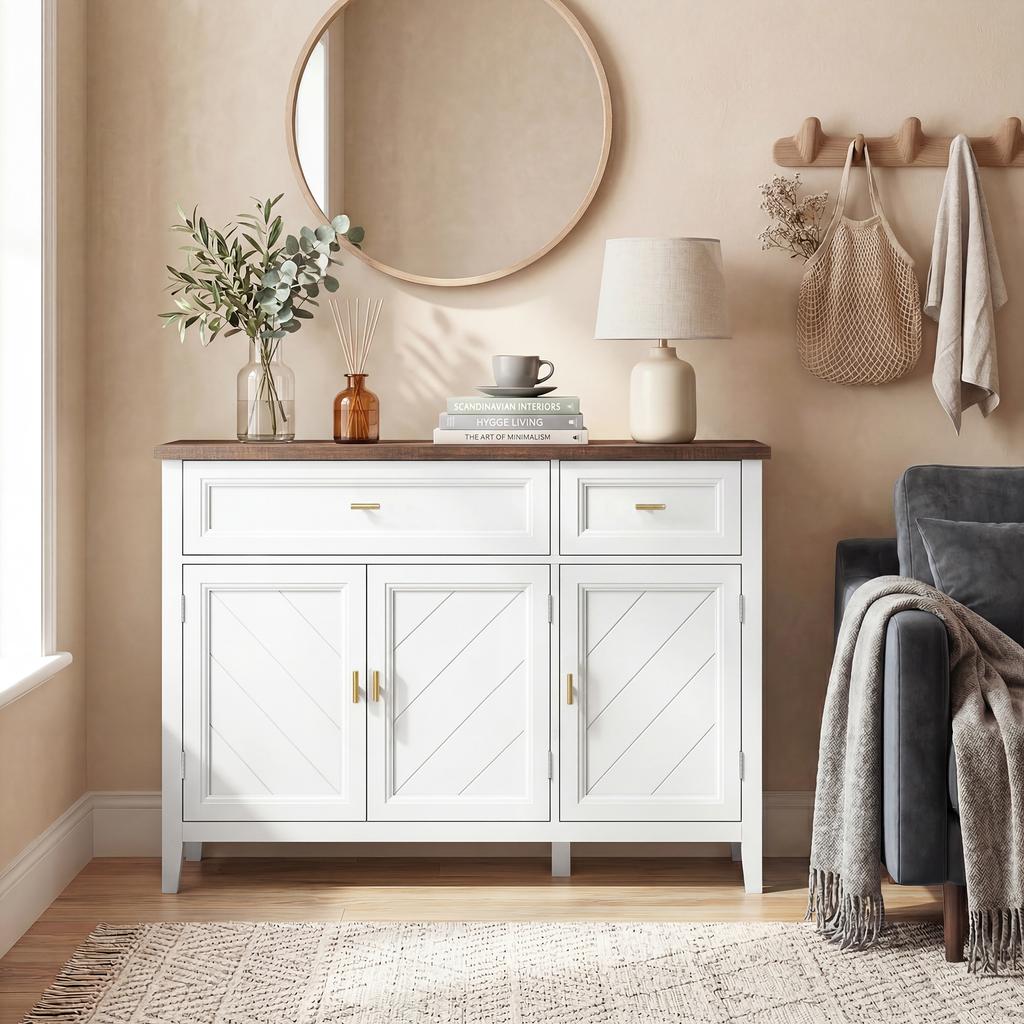 Modern Sideboard with 3 Doors, 2 Drawers and Adjustable Shelves, White