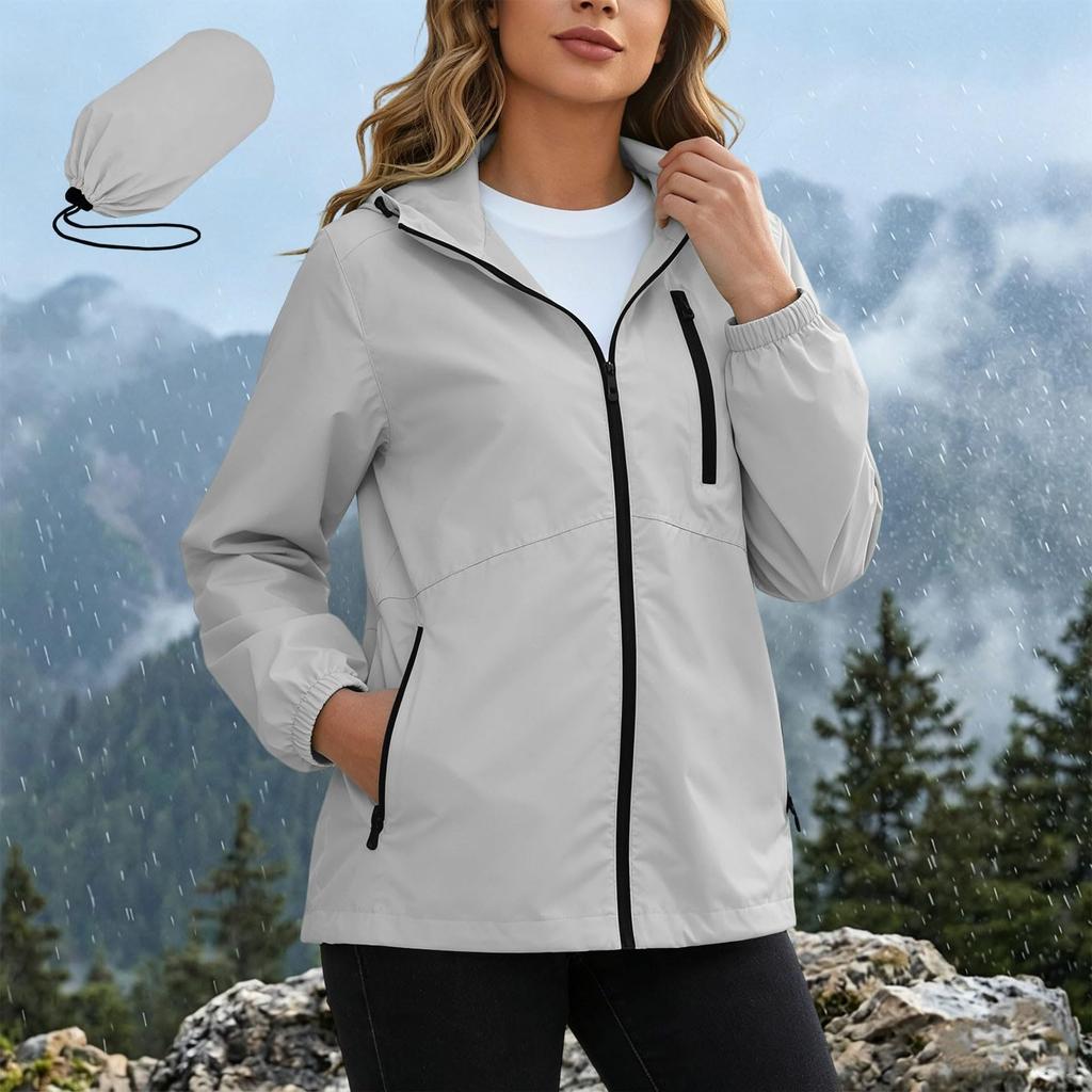Women's Waterproof Windbreaker Jacket Hooded Outdoor Lightweight Zip Up Windproof Coat with Pockets for Hiking Camping