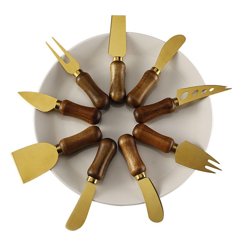 Stainless Steel Gold Cheese Knife with Acacia Wood Handle, Fork, and Spatula Utensils Set
