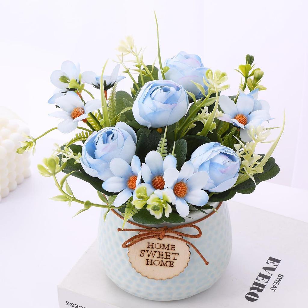 Artificial Rose Flower Plant with Pot (Blue,) Home Décor Items for Living Room Balcony Kitchen Bedroom Office Table Top Decoration Gifting Item