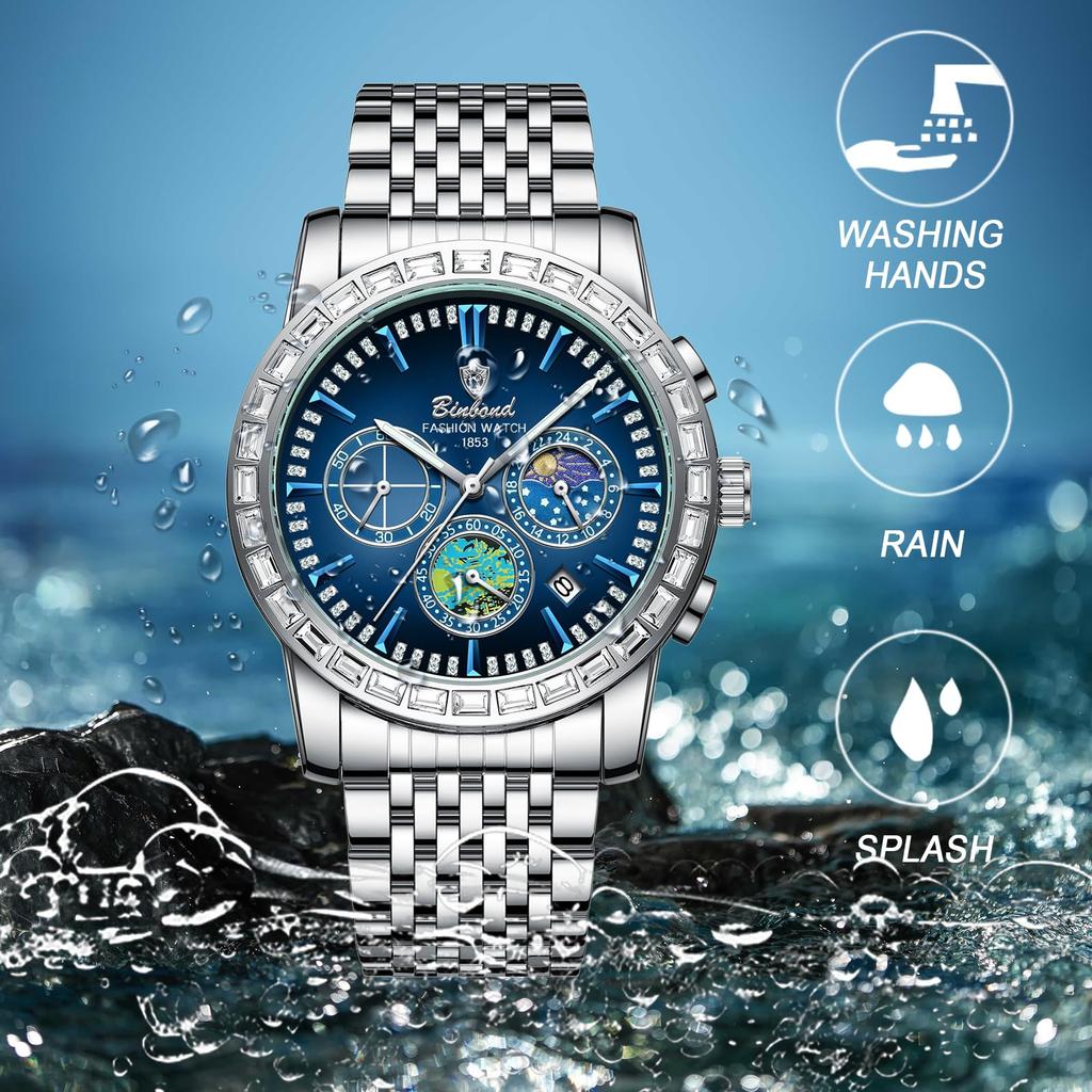 Analog Quartz Triple Calendar Night Stainless Artistic Gold Student Silver Watch, Eye, Multifunction, Men's Luminous, Function, Sky, Steel,