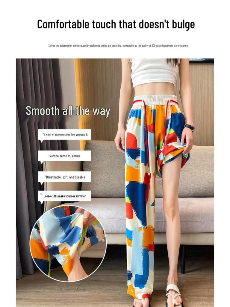 Plus Size Women's High-Waisted Tie-Dye Wide-Leg Summer Pants - Ice Silk, Slimming, Casual, Loose, and Draping.