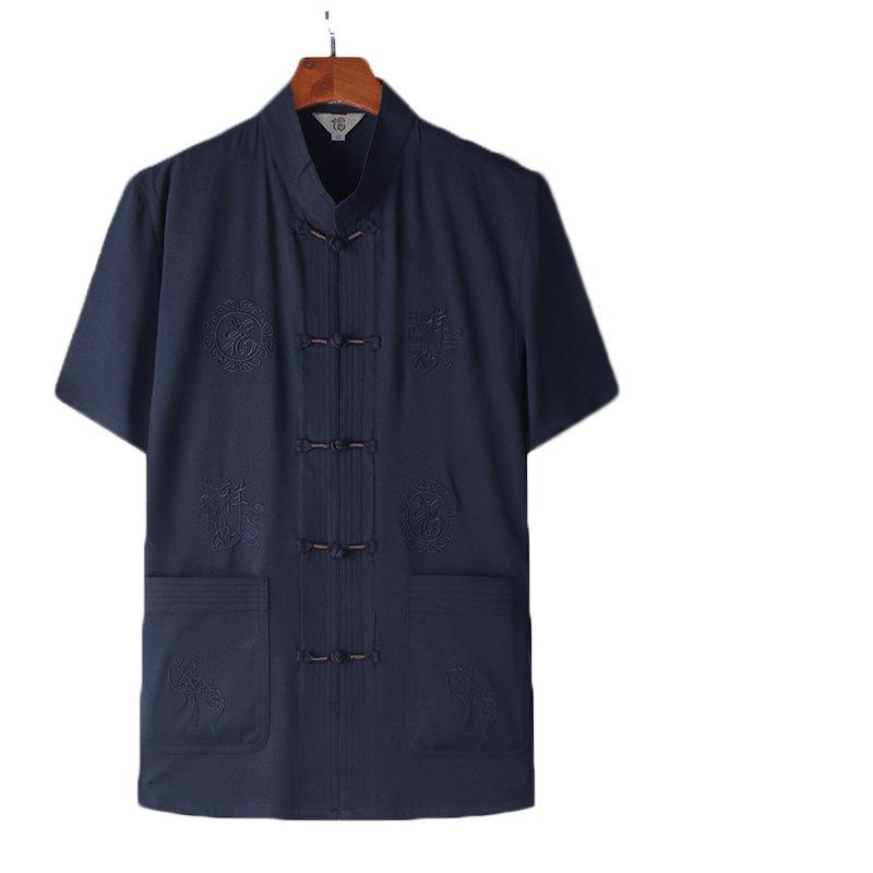 Men's Spring/Summer Tang Suit - Chinese Style Grandpa Shirt for Middle-Aged & Elderly, Thin Hanfu Dad Set