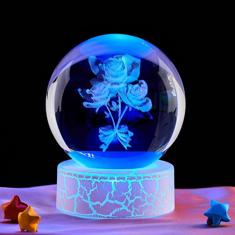 Crystal Ball Night Light with Three Rose Stickers – Elegant Desktop Ornament & Birthday Gift for Girls, Friends, or Boyfriend