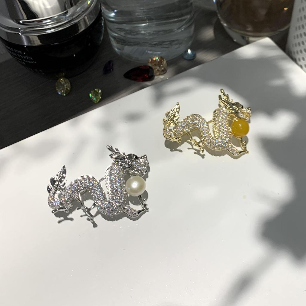 Exquisite Zodiac Dragon Brooch with Zircon and Pearl