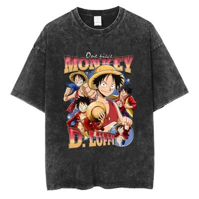 Macaco One Piece D. Camiseta Oversized Luffy Lavagem Vintage, Camiseta Streetwear Unissex para Fãs de Anime, Top Casual de Manga Curta 100% Algodão