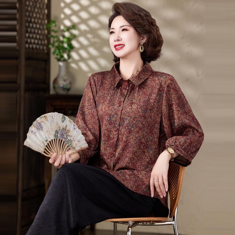 Spring/Summer Plus Size Floral Print Shirt for Middle-Aged and Elderly Women - Stylish, Versatile, Loose-Fit Mother's Wear.