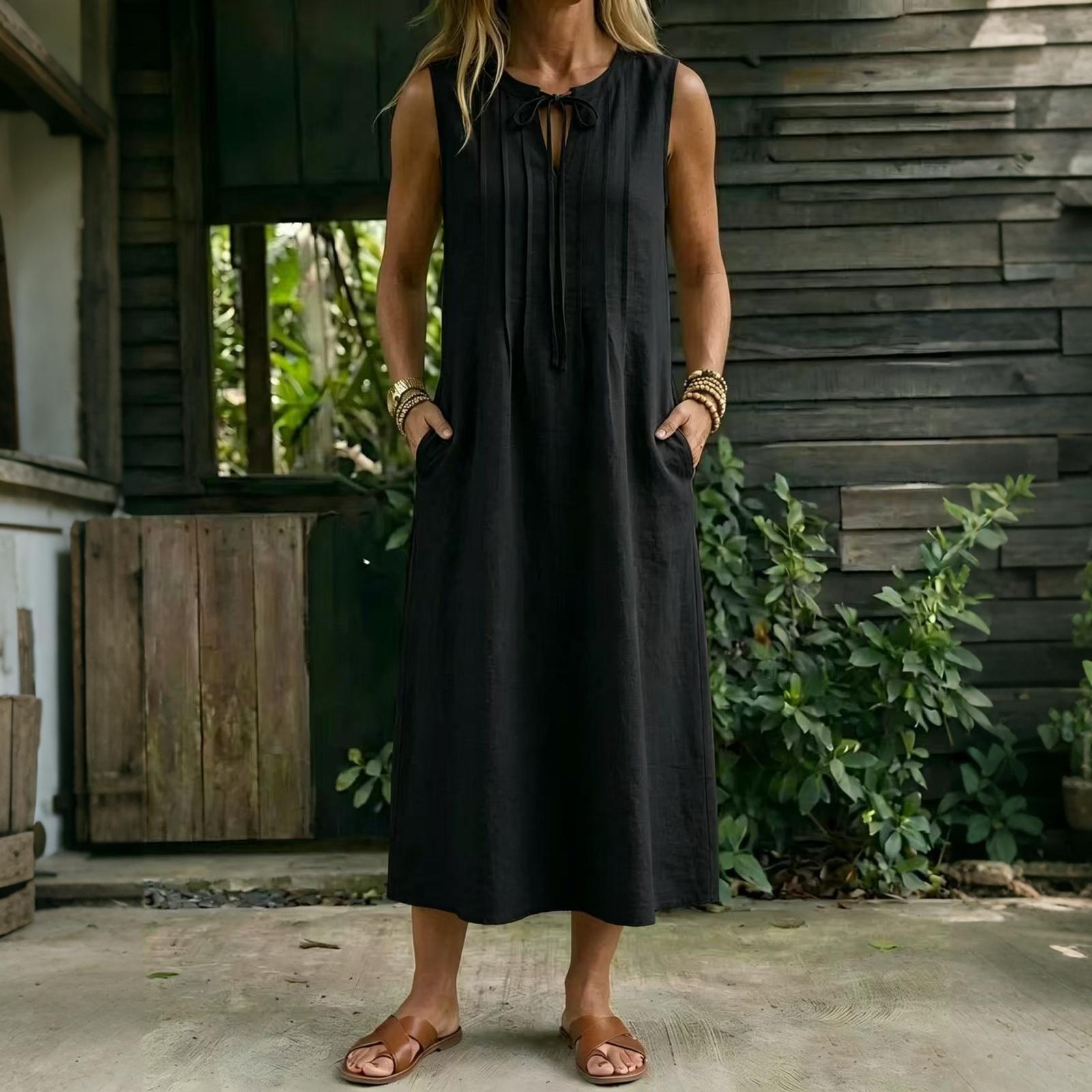 

Women Sleeveless Casual Dress Summer Loose Fit Midi Dress with Round Neck and Tie Detail Side Pockets Lightweight Comfortable XXL чорний