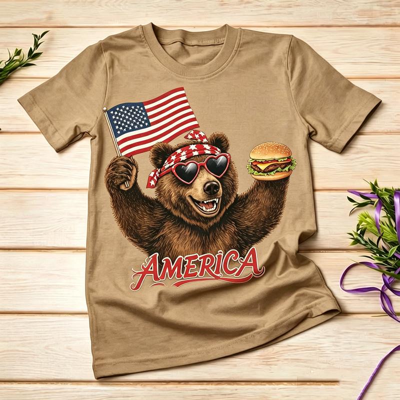American Flag Bear Burger Graphic TShirt for Unisex Unisex 100 Cotton Casual Summer Streetwear Gift