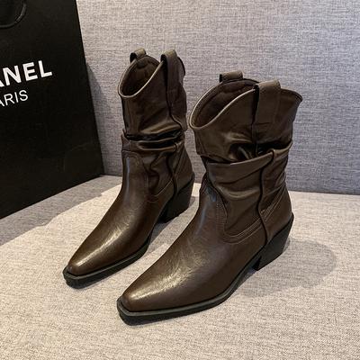 Nouveau Style Mode Bottes Mi-Mollet pour Femmes Bottes en Cuir Plissé de Designer Talon Épais Style Western Cowboy Pointues pour Femmes Bottes de Chevalier