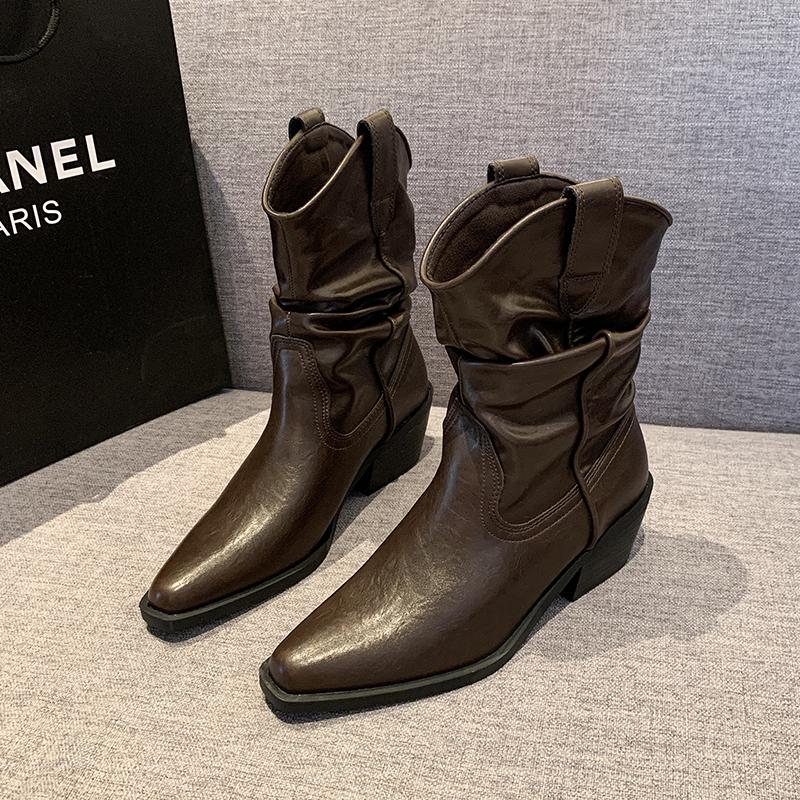 

Мода Новый Стиль Мода Женские Ботинки до середины икры Дизайнерские плиссированные кожаные ботинки Массивный каблук Вестерн ковбой Заостренный для женщин Рыцарский ботинок 35