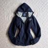 Giacca da donna rétro blu navy con cappuccio e zip, fodera in pile, vestibilità corta, cappotto invernale
