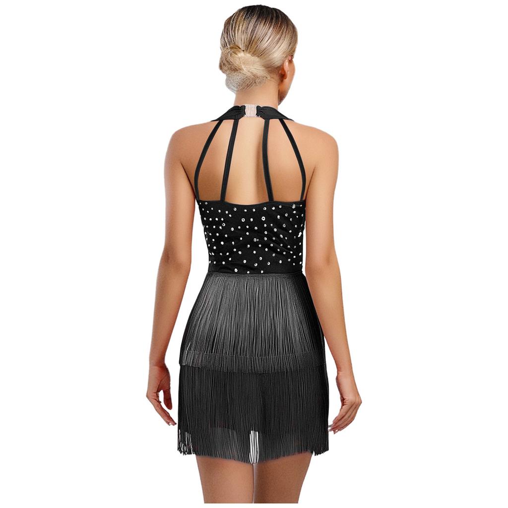 Women Dance Jumpsuit Halter Neck Sleeveless Spark Rhinestones Fringed Strappy Back Latin Dance Costume