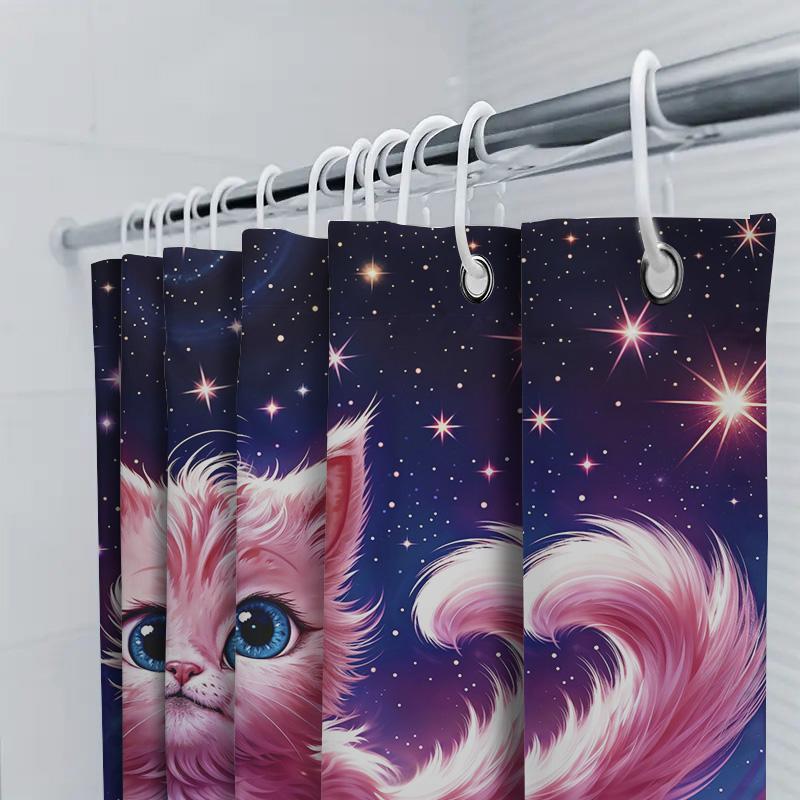 Whimsical Pink Kitty Shower Curtain: Starry Night Fantasy Decoration for Bathroom Decor Ideal Gift Idea (180x200 cm)
