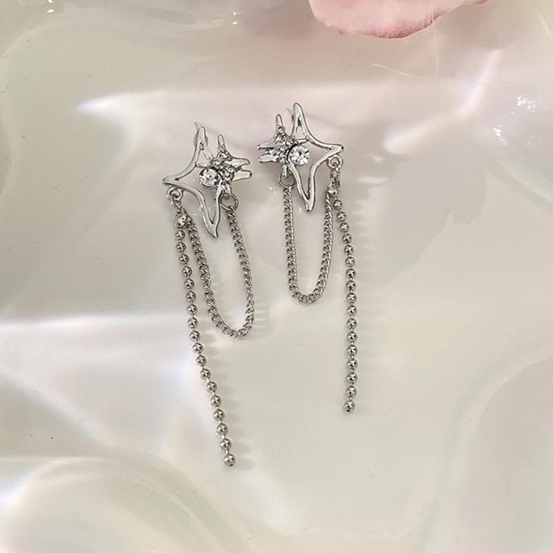 Kpop Irregular Crystal Star Earrings for Women Y2K Chain Tassel Rhinestone Cross Earrings Fashion Piercing Geometric Earring Accessories