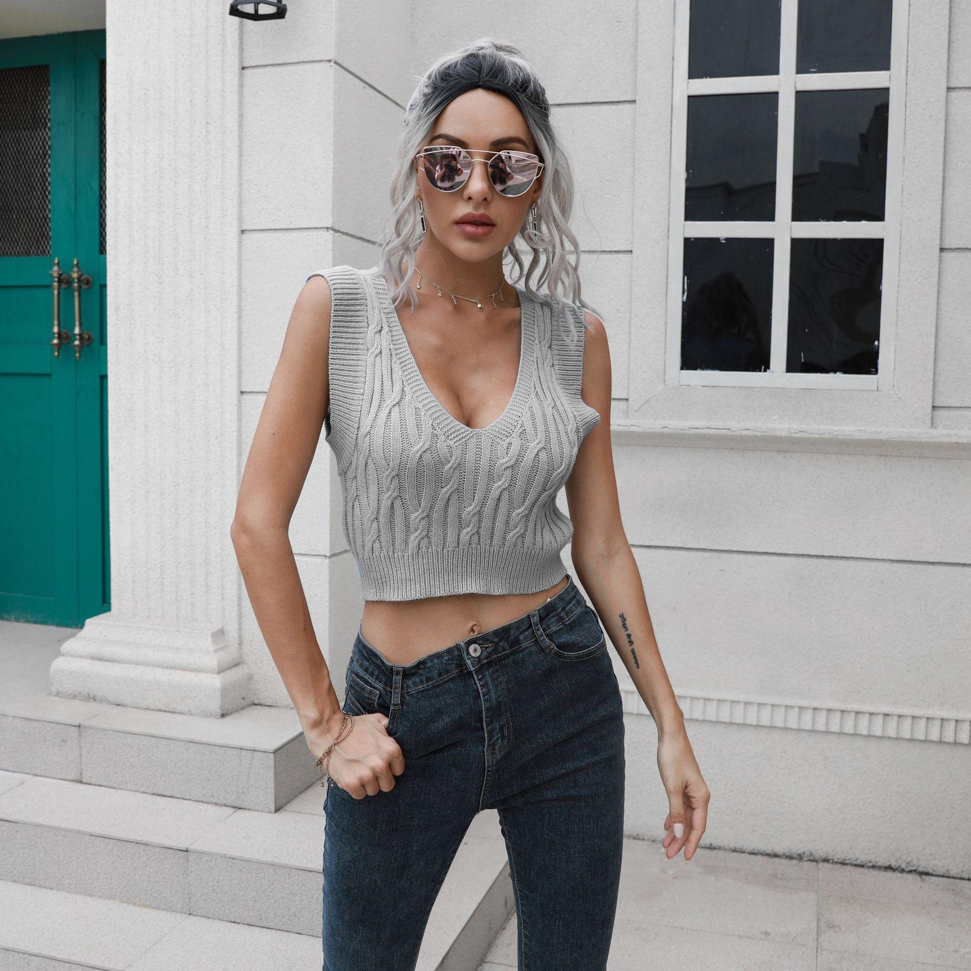 

GMXIA Женские модные повседневные однотонные вязаные жилеты без рукавов с v-образным вырезом и принтом L серый