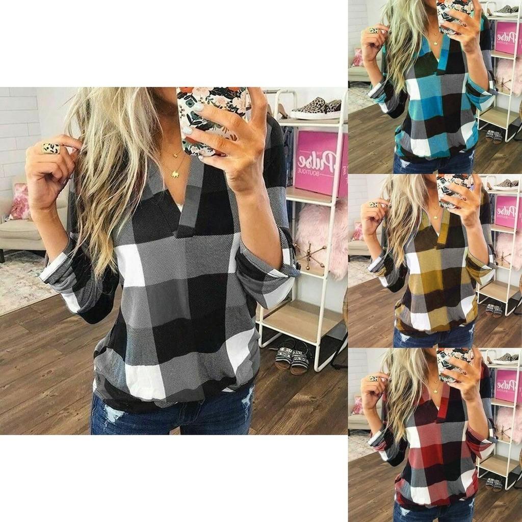 Stylish S-5xl Women's Long Sleeve Plaid T-shirt Blouse With V-neck Design