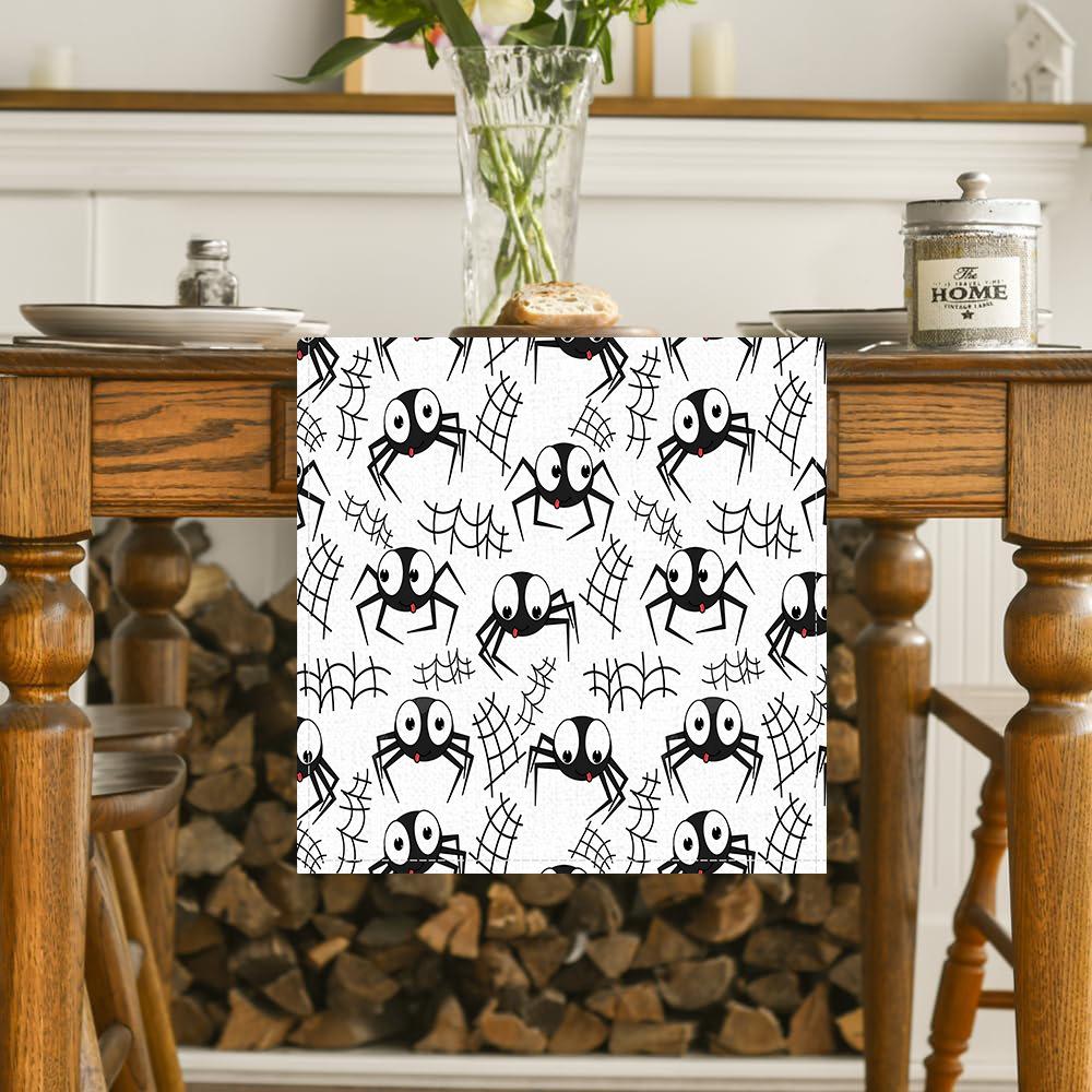 1pc White Black Halloween Table Runner with Cute Spiders Waterproof Durable Tablecloth for Halloween Themed Party Decoration