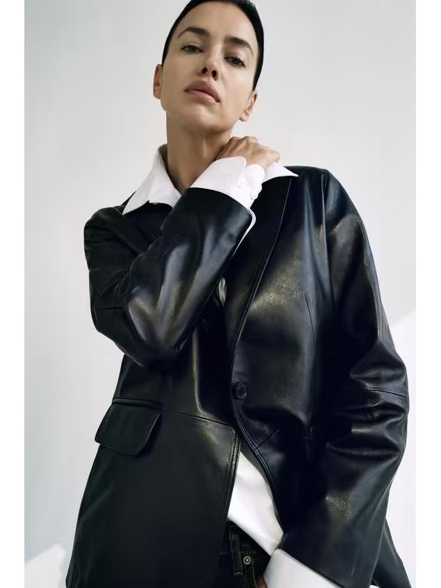 Women's 2024 Retro Single-Button PU Leather Long-Sleeve Suit Jacket