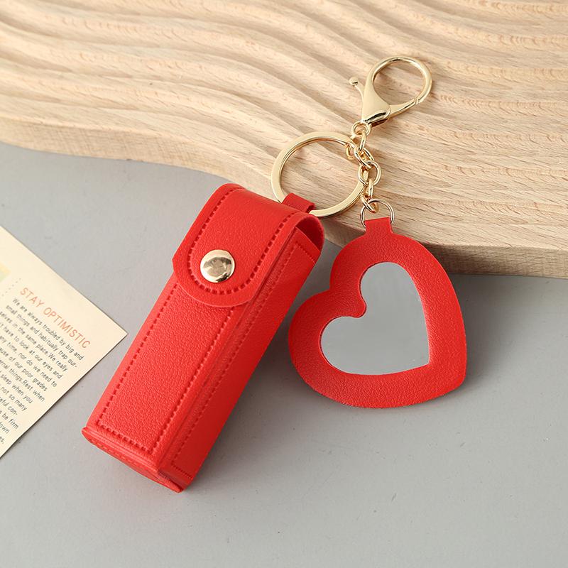 Fashion Storage Portable Leather Lipstick Keyring Mini Bag Keychain Protective Cover With Mirror Girl Key Ring Chain Women Gift