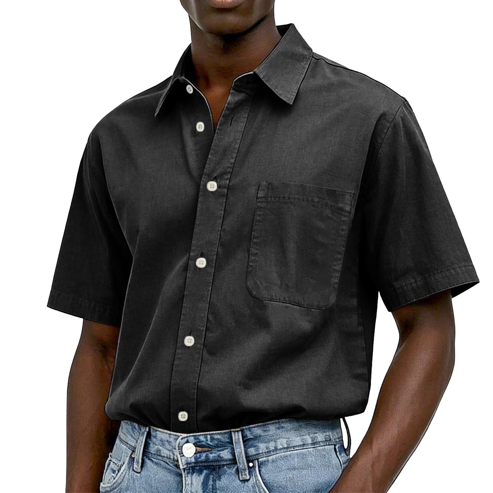

Мужская повседневная рубашка с карманом, стираный хлопок, на пуговицах, мужская рубашка с коротким рукавом L чёрный