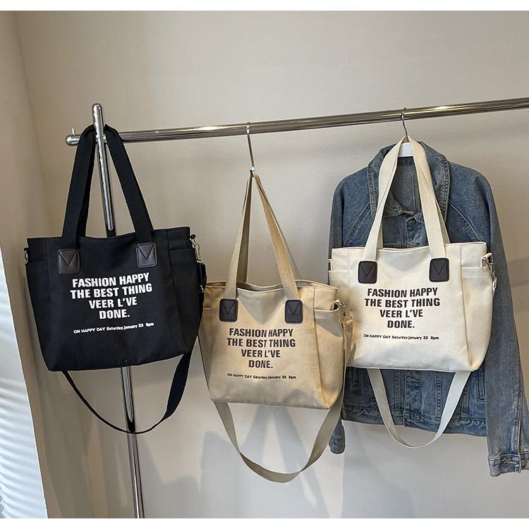 2024 Retro Large Canvas Tote Bag - Unisex, European/American Style, Perfect for College Students