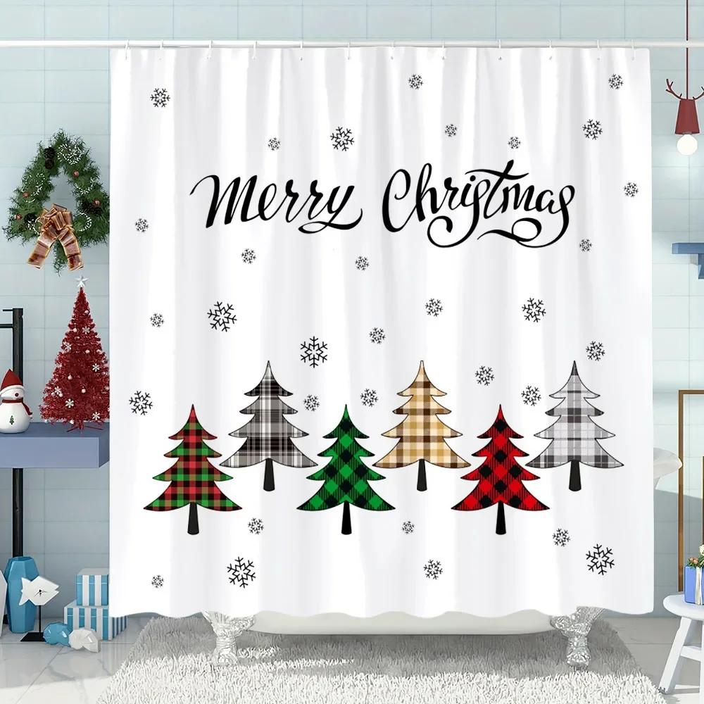 Snowman Christmas Tree Shower Curtain Merry Christmas Gift Polyester Fabric Home Shower Curtain Bathroom Decoration with Hooks