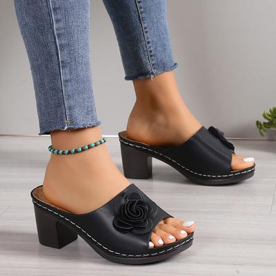 2024 Sommer Neue Hausschuhe Frau High Heel Sandale Damen Dicke Damenmode Blume Fischmaul Strandhausschuhe Mutterschuhe Schwarz