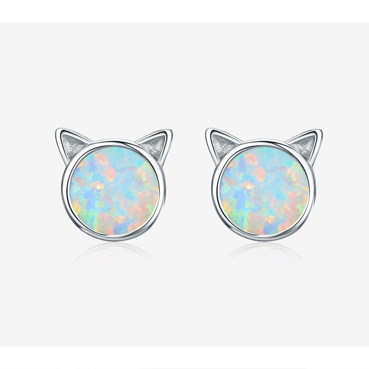 Meow Star Simple Cat Earrings Women'S Opal S925 Sterling Silver Stud Earrings, Source Sce538
