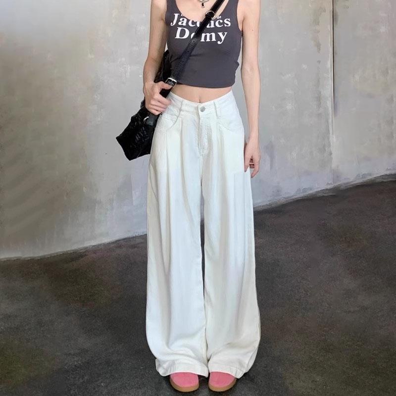 Women's Autumn White High Waisted Wide Leg Jeans with Design Sense Pleated Loose Slimming Drapey and Casual Floor-Length Trousers