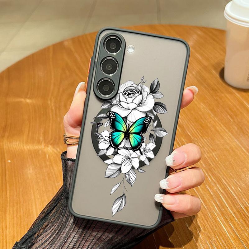 Blue Butterfly Pattern Magnetic Phone Case For Samsung Galaxy A37 A17 A56 A36 A55 A35 A26 A16 A25 A15 A54 A14 A34 Acrylic Cover