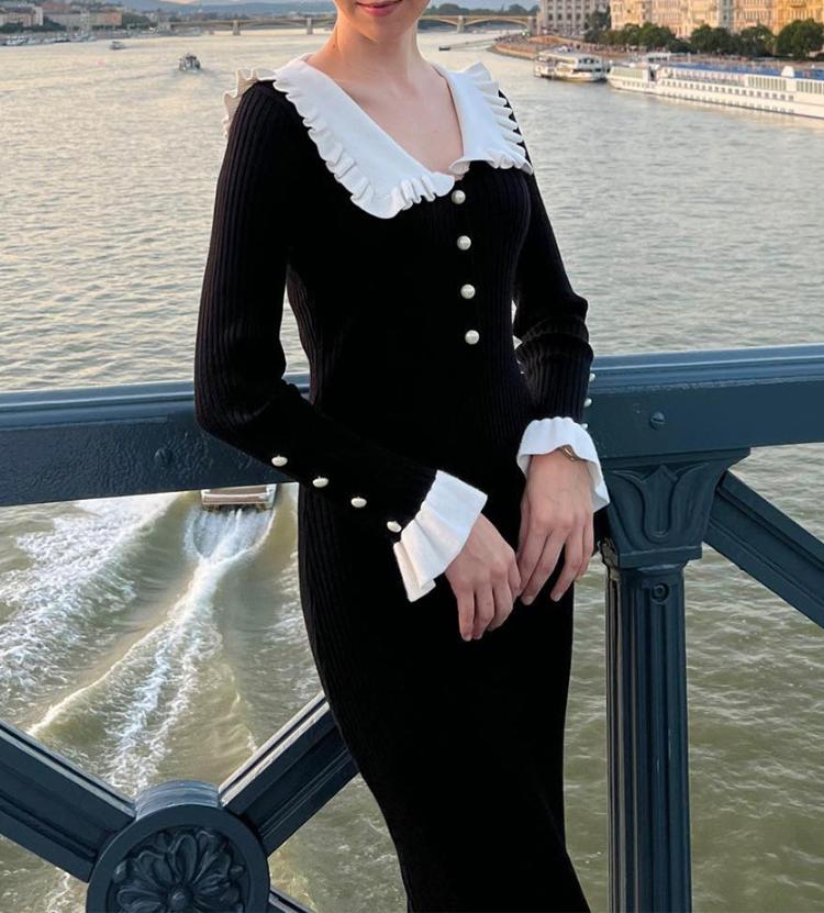 

Платье макси с высокой талией и оборками для женщин, осенне-зимнее вязаное тонкое длинное платье, женское винтажное платье, женское элегантное ретро-платье S