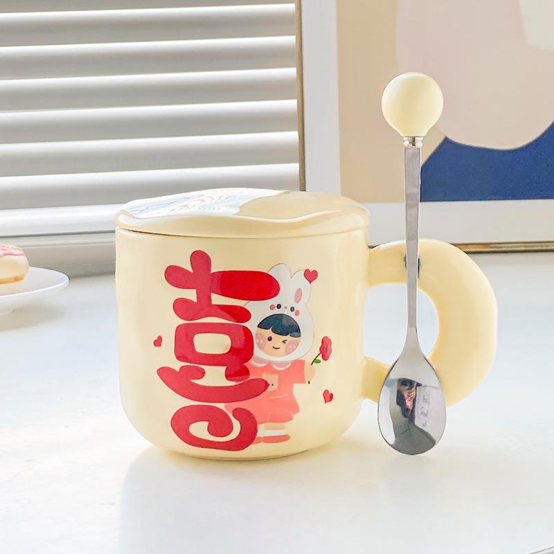 Cute High-value Festive Mug with Lid Spoon Couple Pair Cup Wedding Gift Ceramic Drinking Cup Coffee Cup