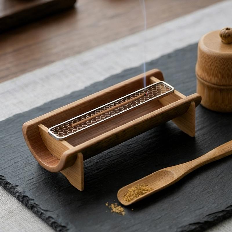 Natural Bamboo Incense Burner Metal Incense Holder with Bamboo Ash Catcher for Home Decor Yoga Meditation