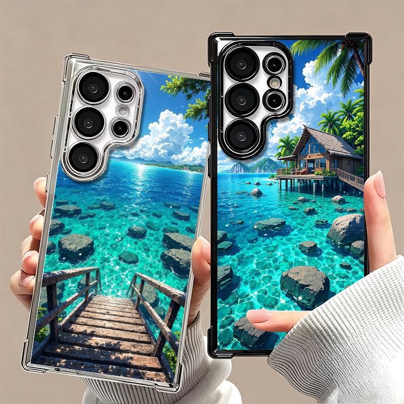 Summer Beach Sea Palm Tree Vacation Plating Phone Case For Samsung Galaxy S24 S25 FE S26 Edge S23 Ultra S22 S21 Plus S20 Anti-Fa