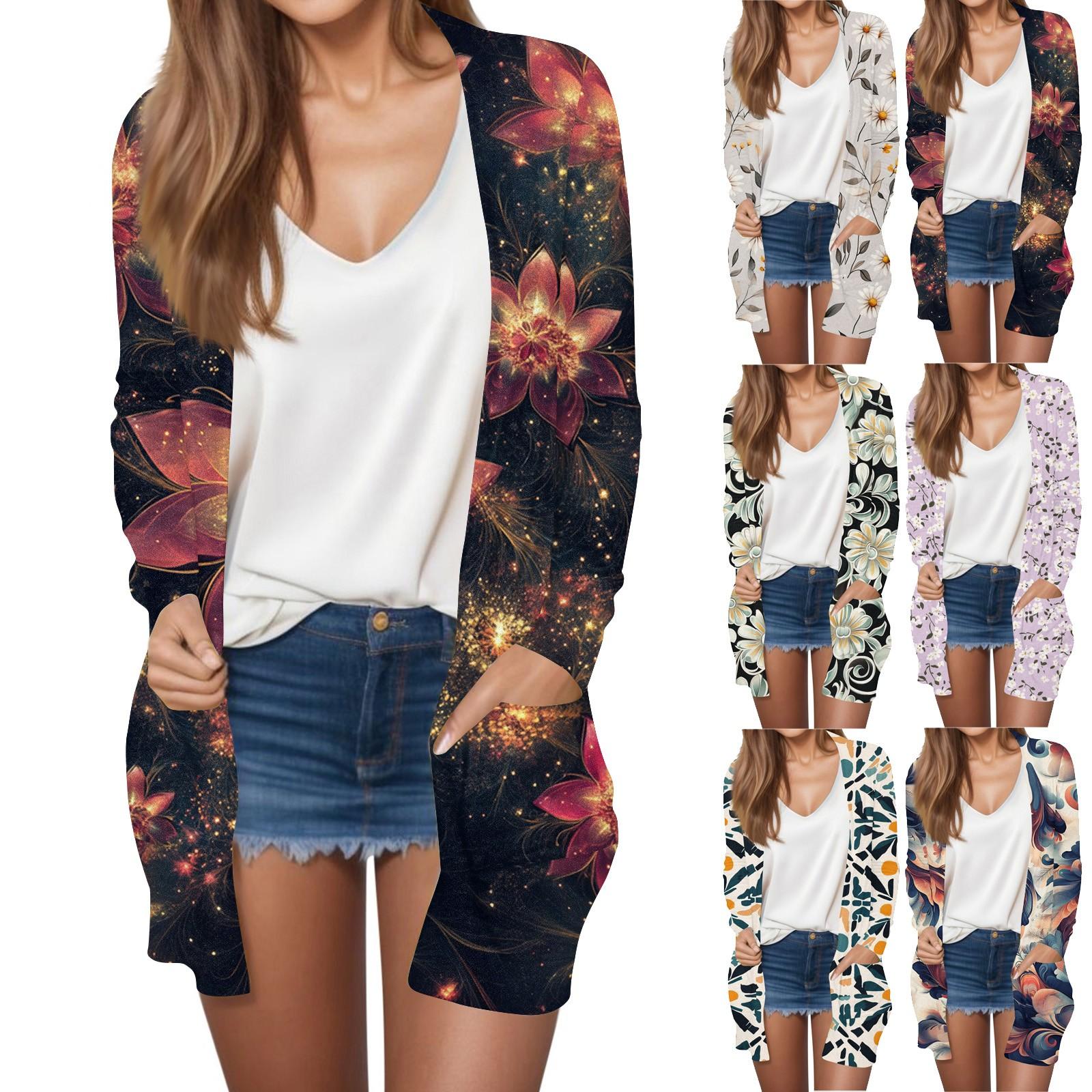 

Women s Fashion Casual Retro Floral Print Mid-Length Cardigan Jacket M