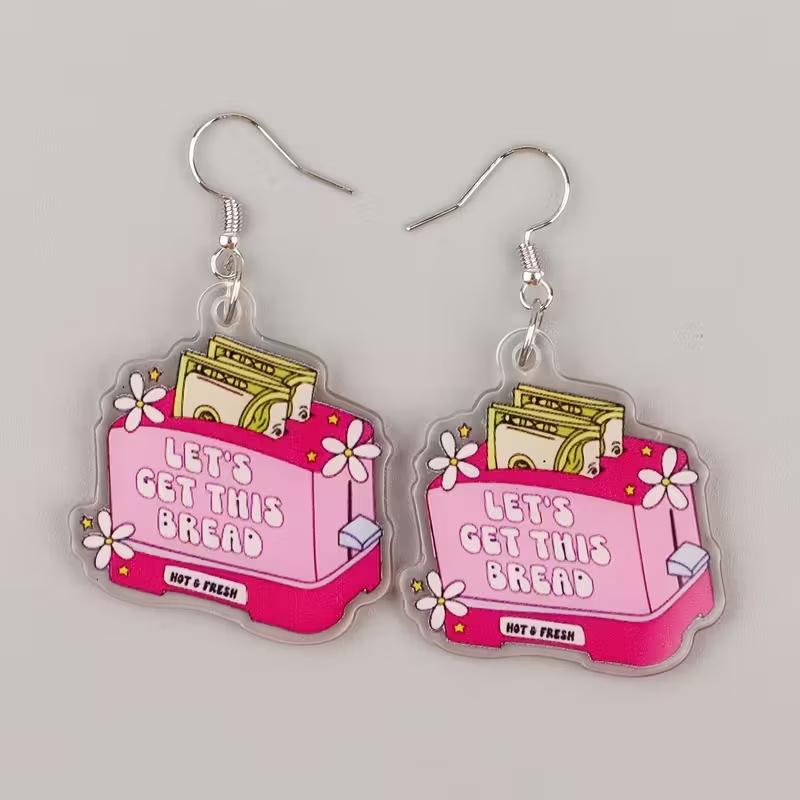 Cross-border new pink toaster earrings 2D acrylic creative bread shape is dollar bill earrings