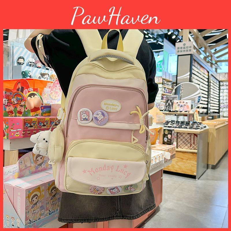 Simple Color Blocked Letter Pattern Student Backpack With Badge Pendant And