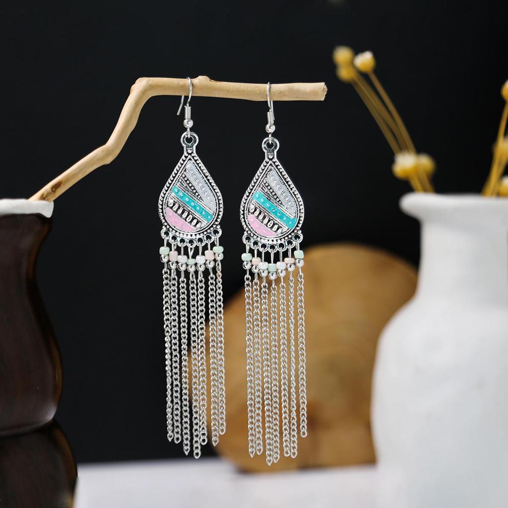 Bohemian Ethnic Oval Tassel Earrings with Beads