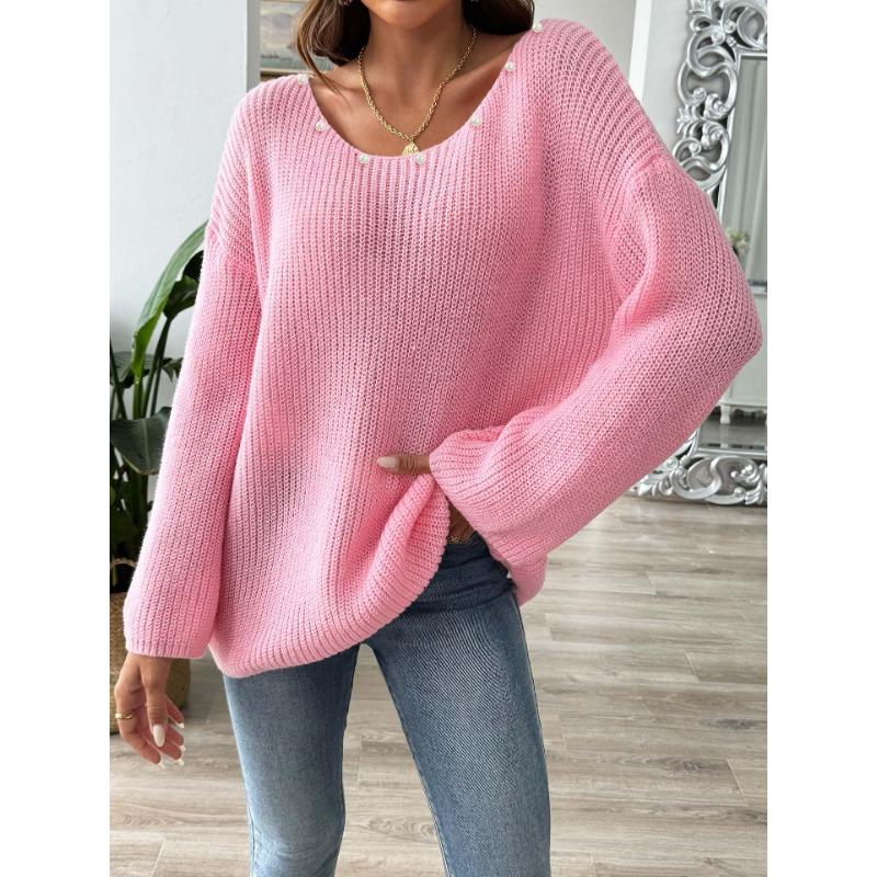 Women's Plus Size Pullover Sweater Beaded Top Simple Loose One Neck Strapless Flared Sleeve Sweater
