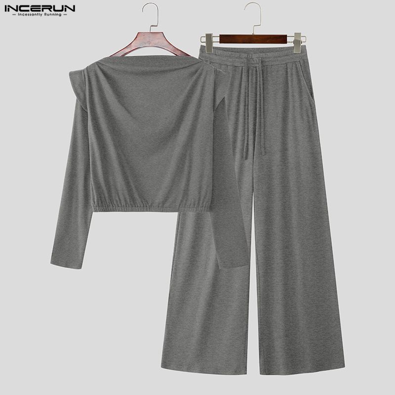 INCERUN 2 STÜCKE Herren Langarm Cropped T-Shirts und Lange Hosen Lässige Outfit-Sets