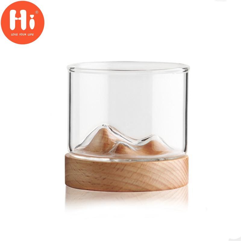 120ML Transparent Mountain W skey Glass with Wooden Base Heat Resistant Beer Glass Wine Water Tea Cup Set Bar Drinkware