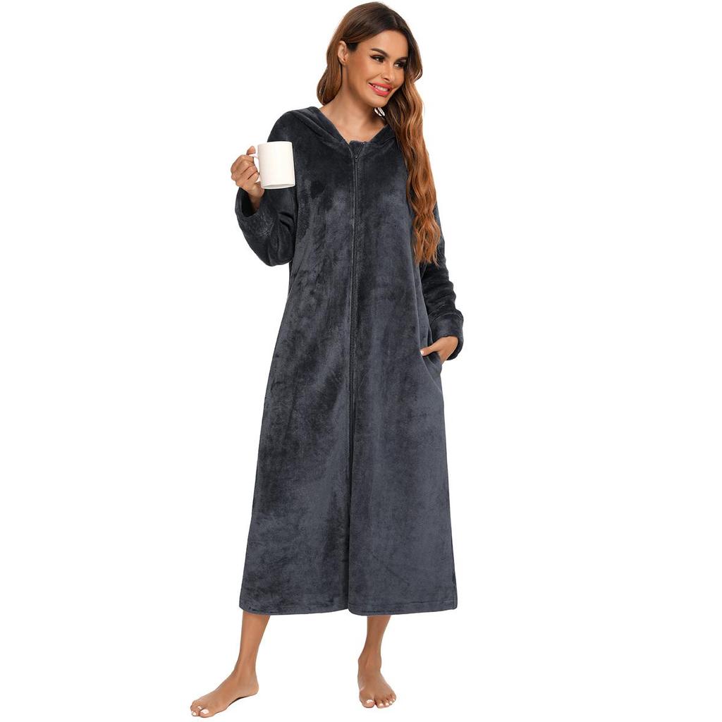 Bata de felpa con cremallera para mujer con capucha térmica larga bata de noche invierno comodidad cremallera reclinable pijama bata de casa ropa casual bata de noche