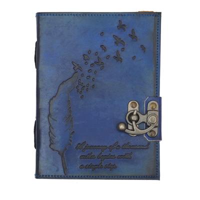 Feather Embose Leather Notebook A5 Diary Unruled 200 Pages  (Dark Blue)