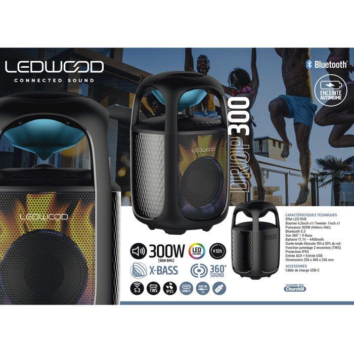 Enceinte Autonome LEDWOOD DROP300, Effet LED RVB, 300W, Bluetooth 5.3 USB, son 360°, X-Bass, Projection IPX5, Câble USB-C