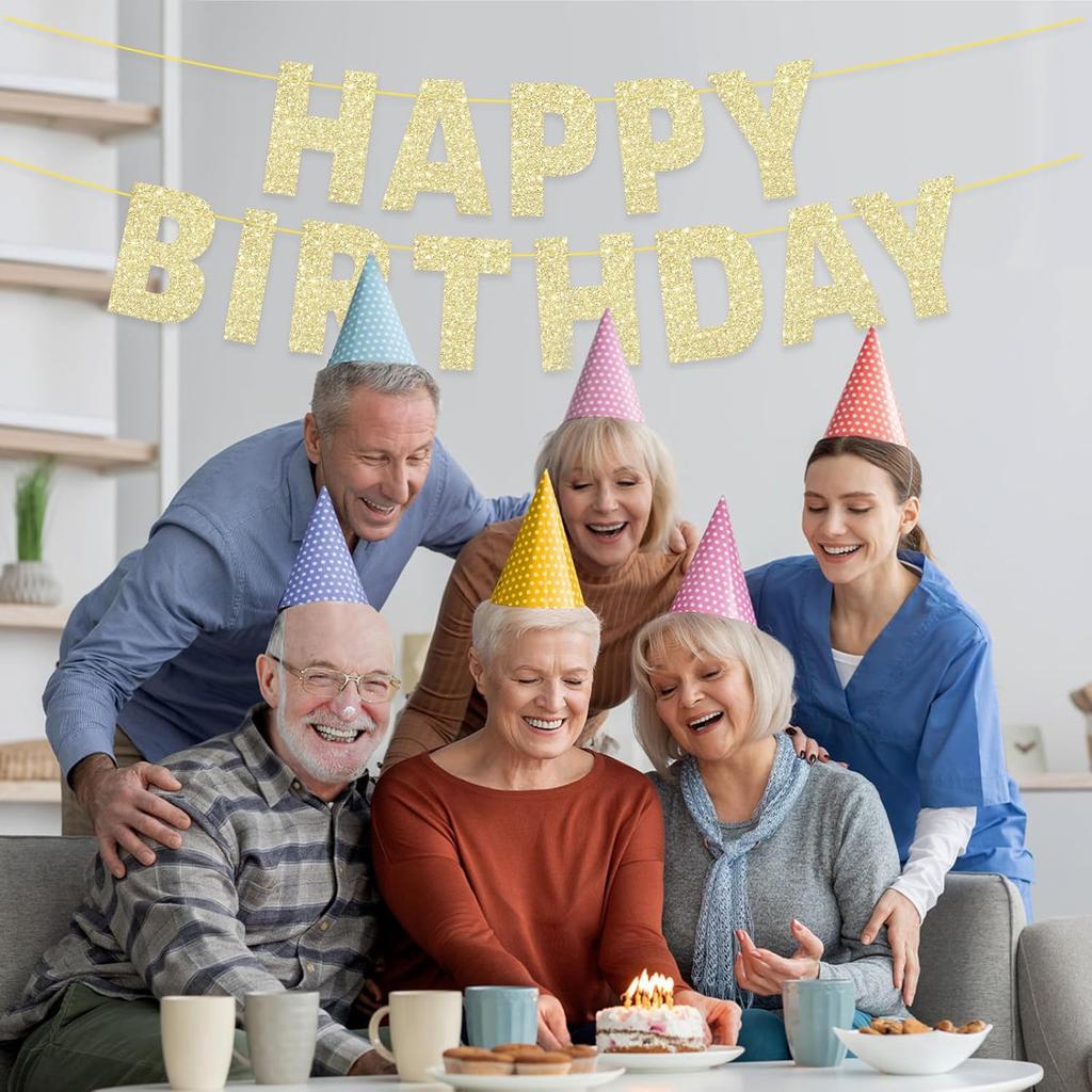 Pre-Strung Happy Birthday Banner - NO DIY - Glitter Gold Birthday Party Decorations for Women Men Kids
