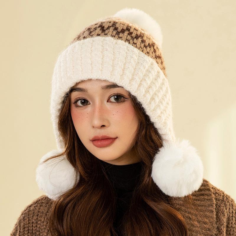 Plush wool hat women's winter thickened warm ear protection hat cold cute hairball knitted hat