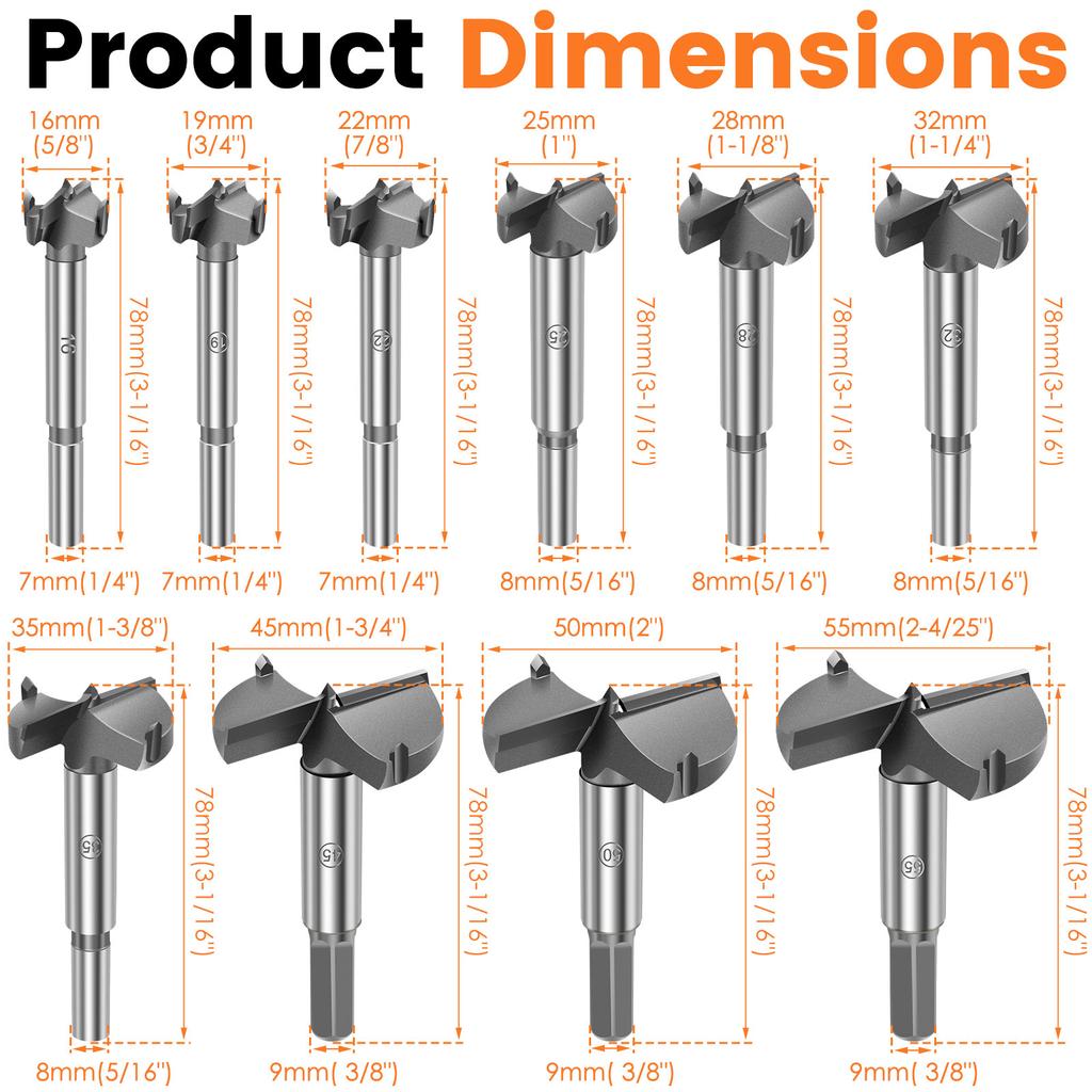 16mm-55mm Forstner Carbon Steel Boring Drill Bits Woodworking Self Centering Hole Saw Cemented Carbide Wood Cutter Tools Set